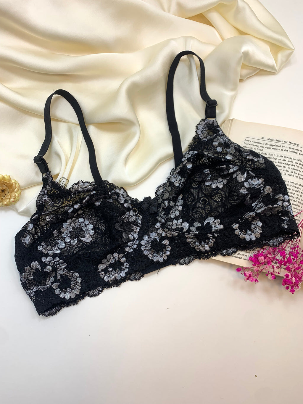 (32-42)b  Flower Print Black Cotton Net Bra(227)