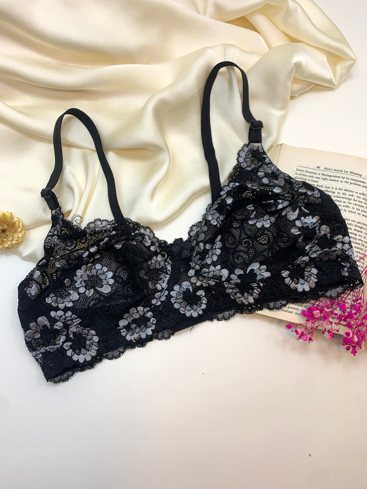 (32-42)b  Flower Print Black Cotton Net Bra(227)