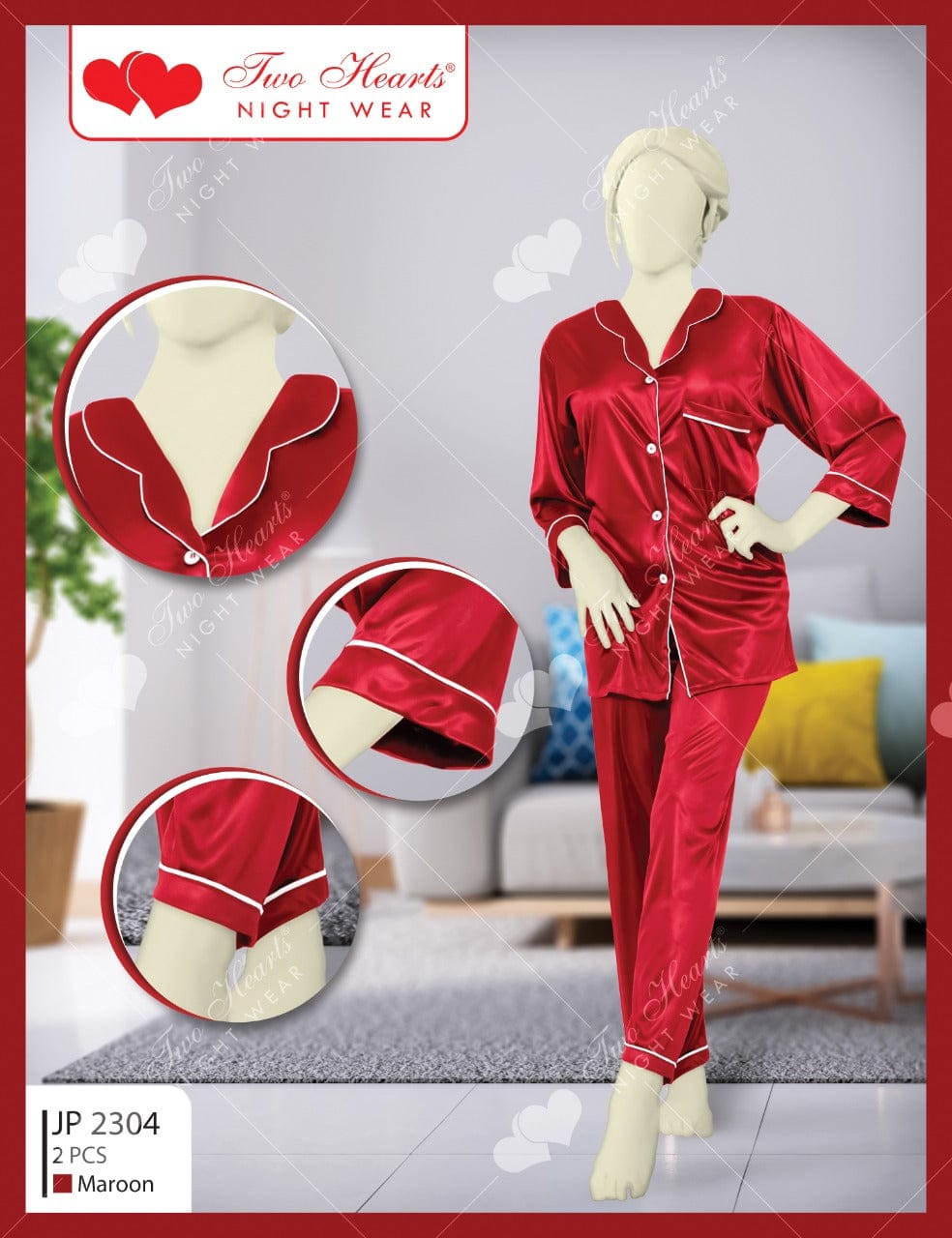 2 Piece Collar Neck Silk Lounge Wear JP2304(C11-R3)