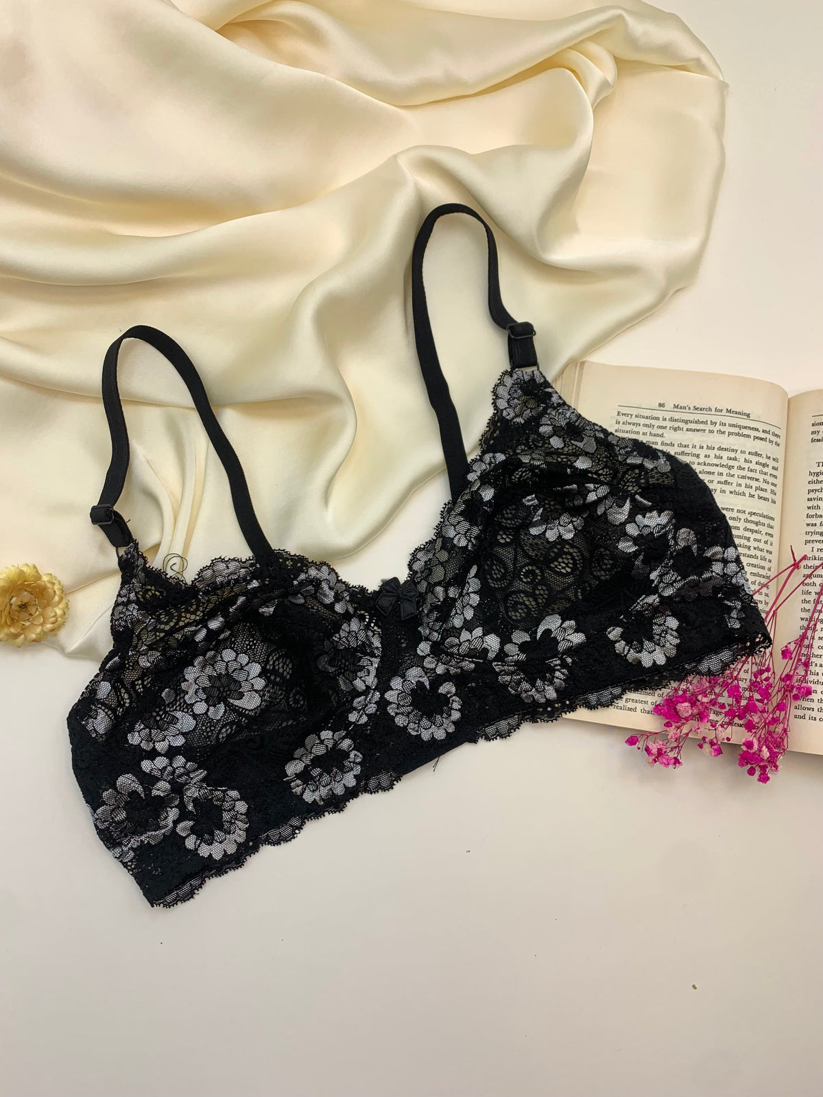 (32-42)b  Flower Print Black Cotton Net Bra(227)