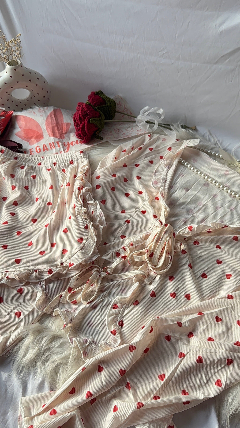 Love Pattern Ruffle-Trim Draw string Top & Shorts Women Pajama Set(78266)(C1-R5)