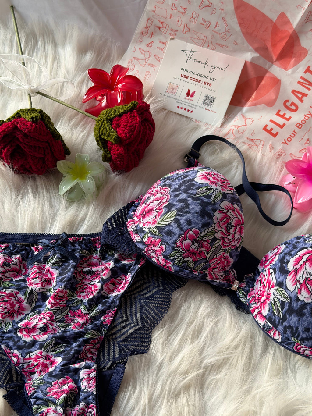 Flower Printed Lacy Plunge Bra & Panty Set(R4)