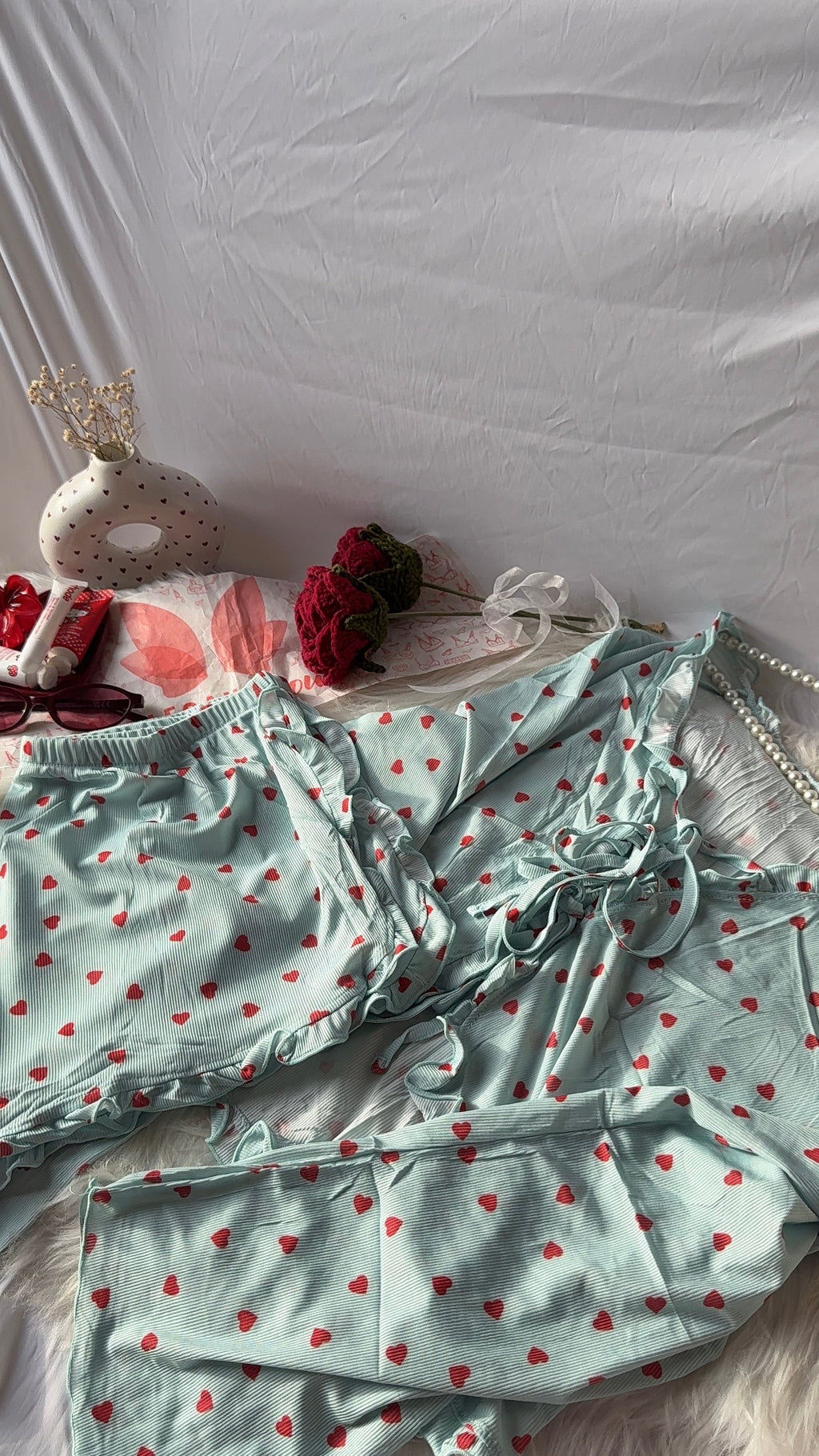 Love Pattern Ruffle-Trim Draw string Top & Shorts Women Pajama Set(78266)(C1-R5)