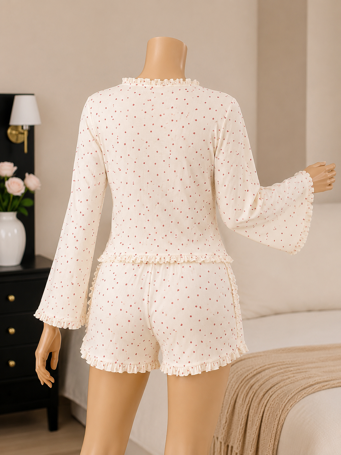 Love Pattern Ruffle-Trim Draw string Top & Shorts Women Pajama Set(78266)(C1-R5)