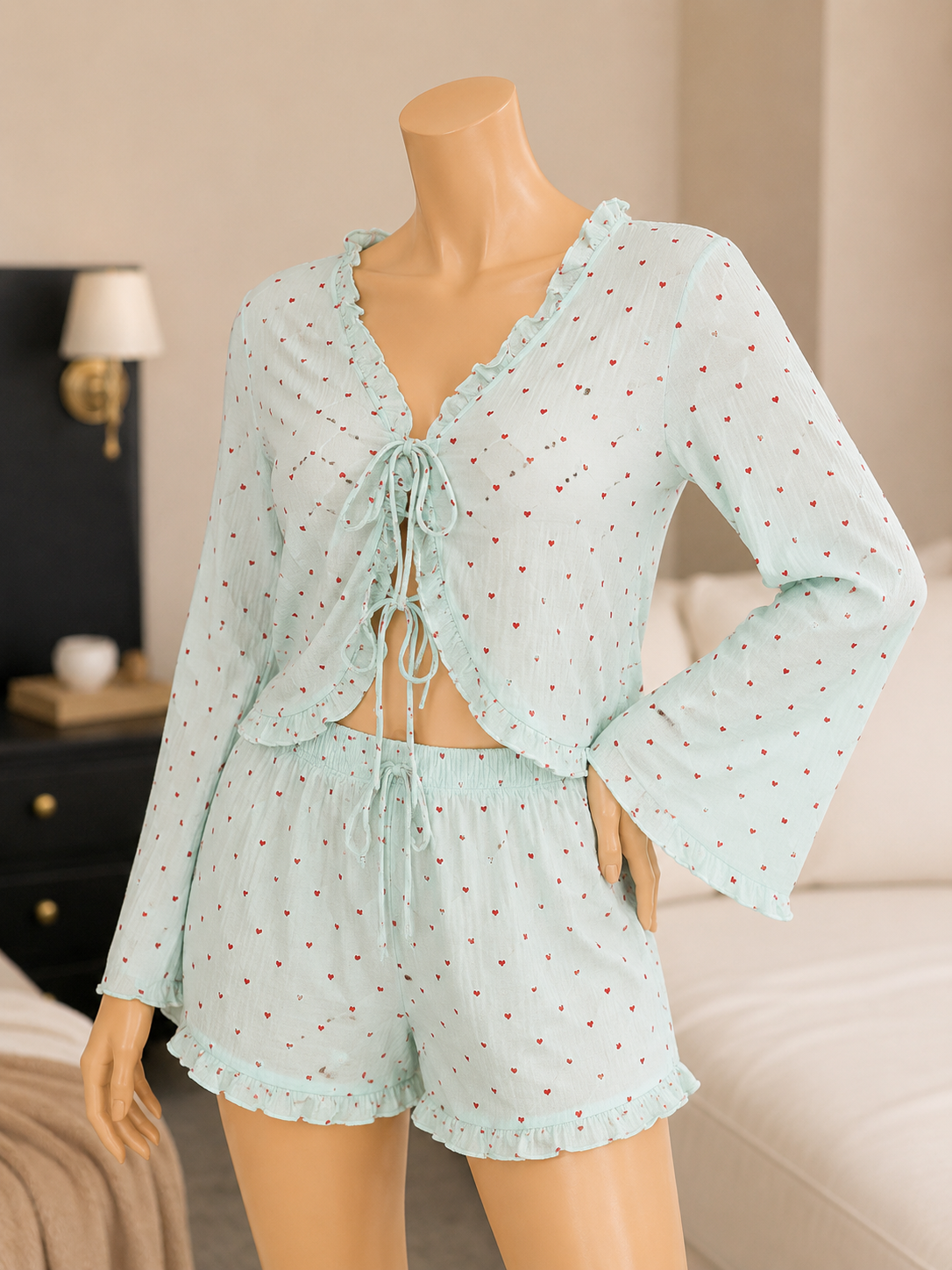 Love Pattern Ruffle-Trim Draw string Top & Shorts Women Pajama Set(78266)(C1-R5)