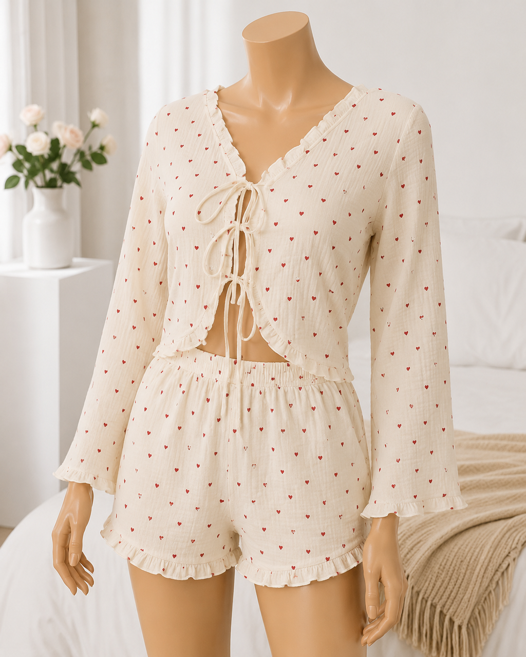 Love Pattern Ruffle-Trim Draw string Top & Shorts Women Pajama Set(78266)(C1-R5)