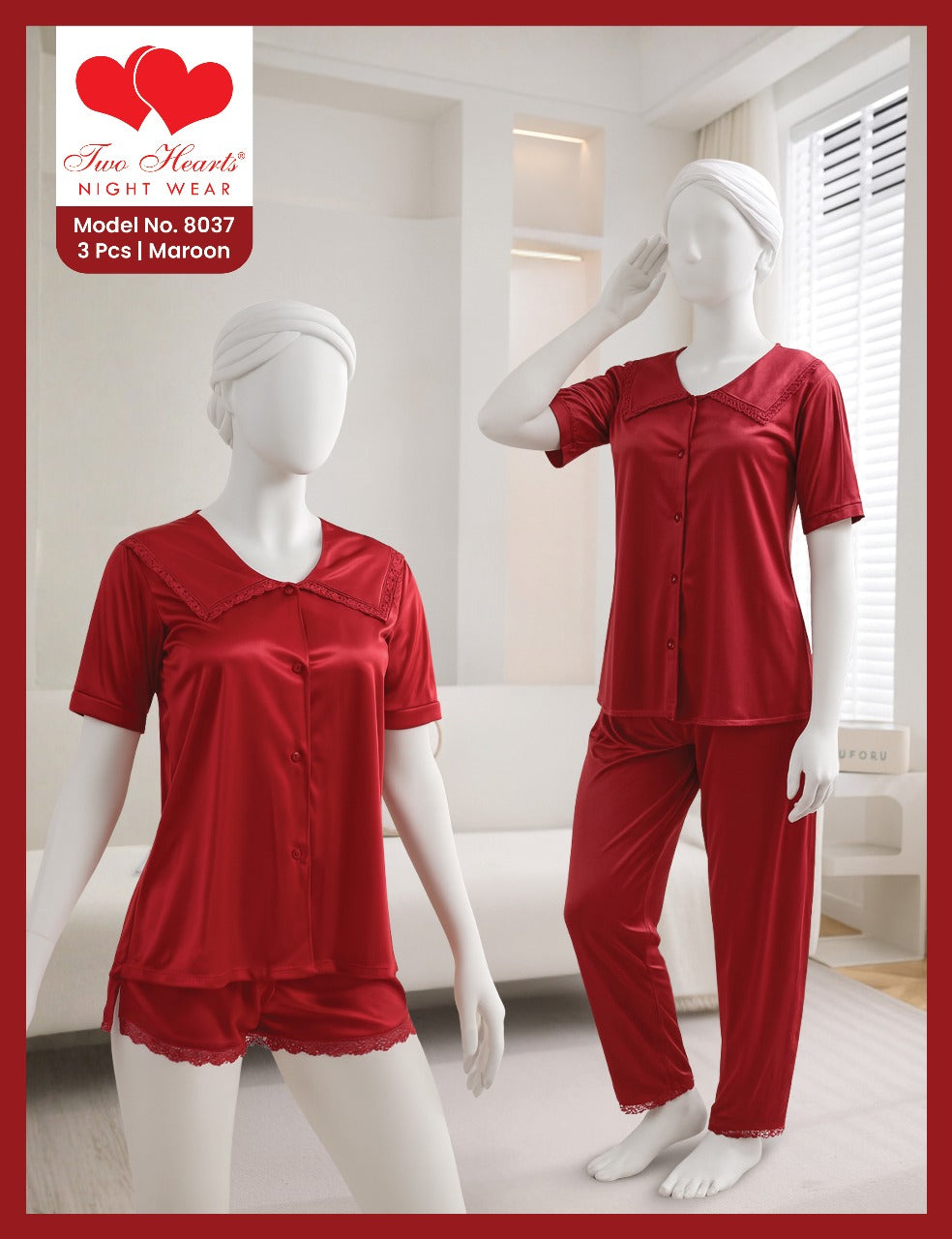 3 Piece Silk Sleepwear with Boxer and Trouser(8037)(C11-R1)